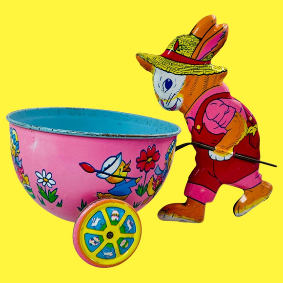 Vintage J Chein Tin Litho Easter Bunny Rabbit Pushing Cart Wagon Wheels Toy Rare
